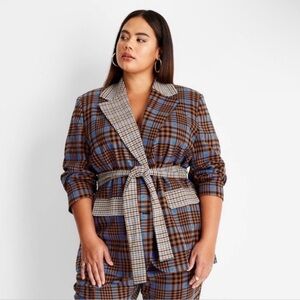 NWT Future Collective Kahlana Barfield Brown Plaid Tie-Front Blazer